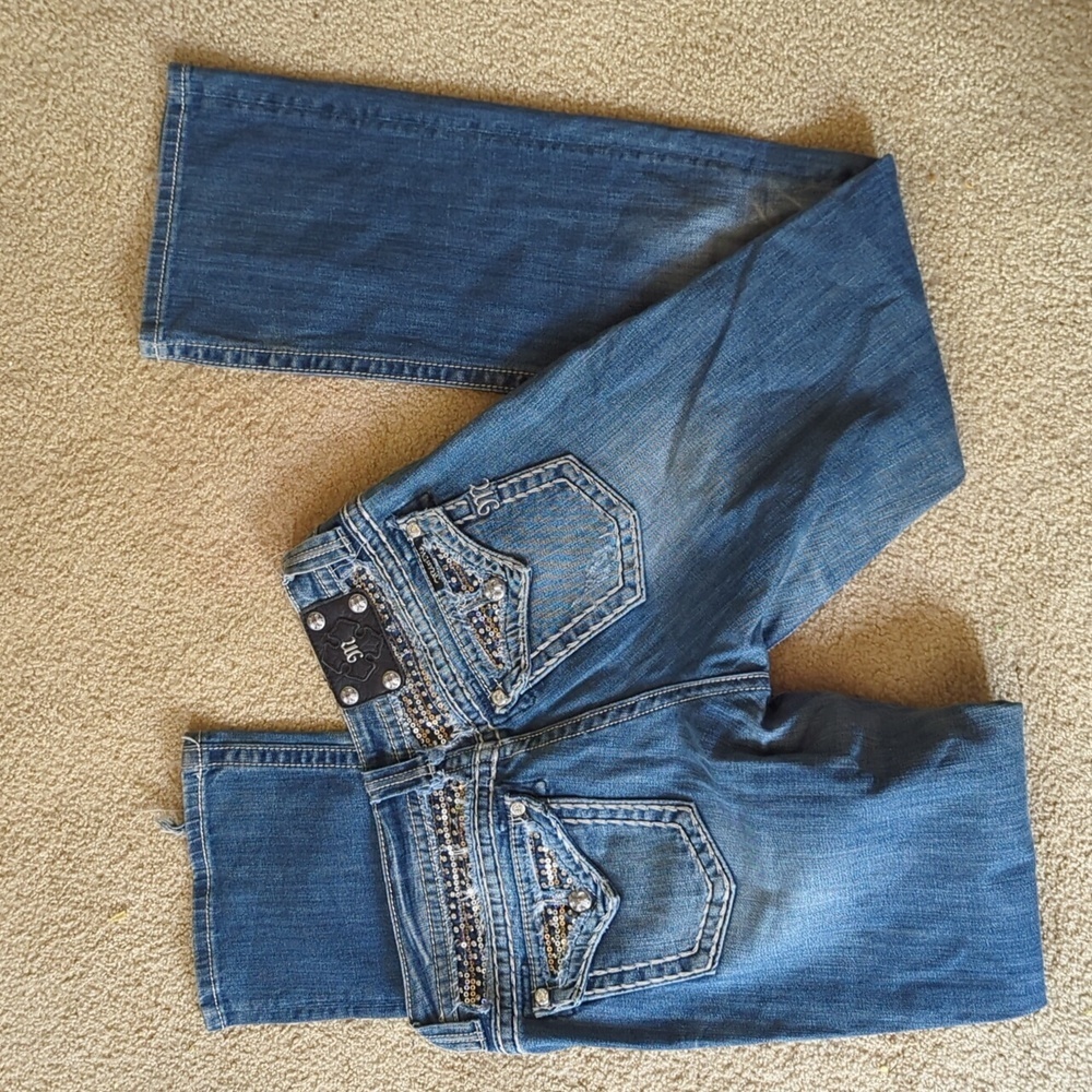Miss Me JE6067EX Easy Boot Denim Bejeweled Back Bootcut Jeans Size 28